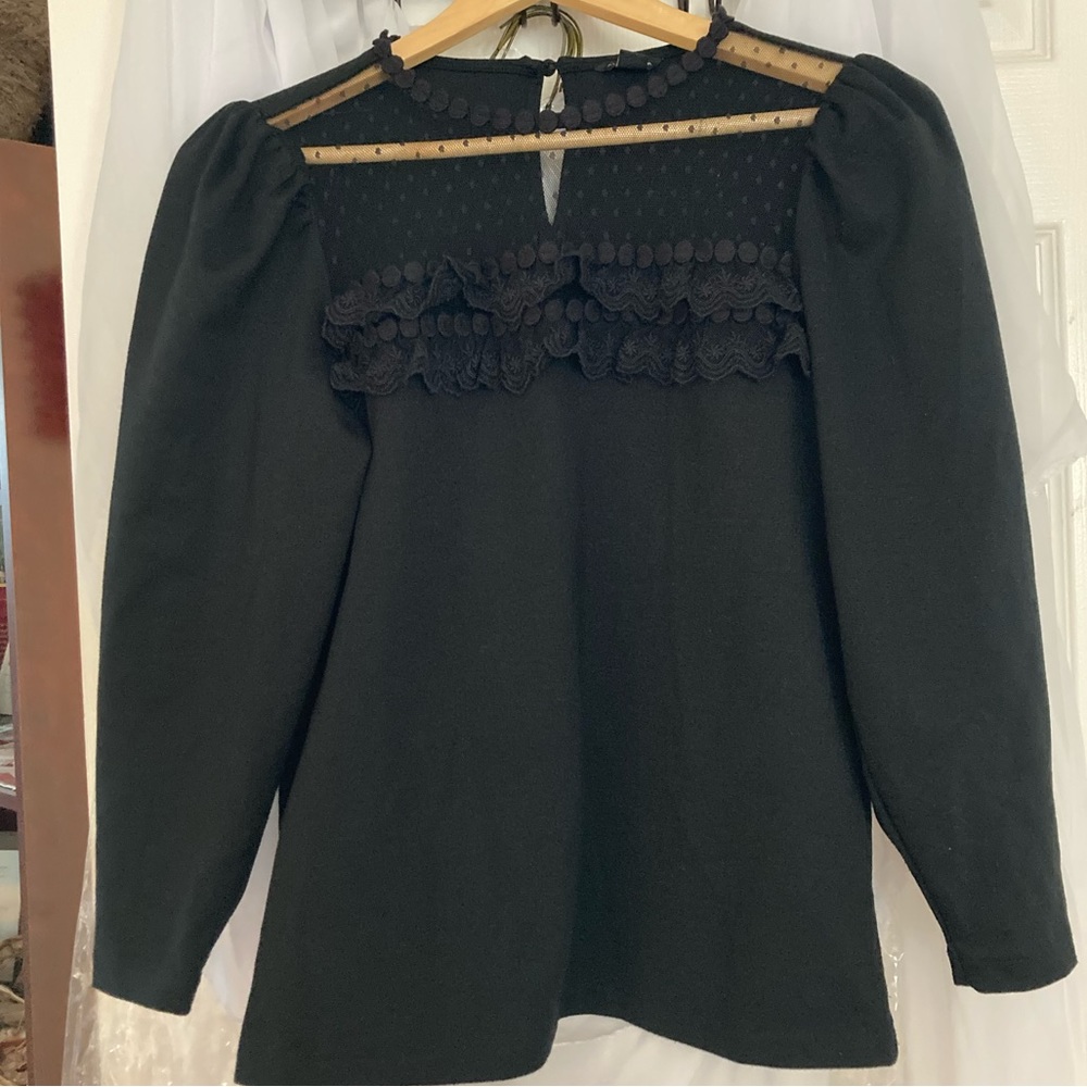 Women Ann Taylor Black Lace Knit Top